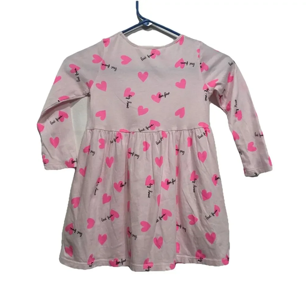 H&M Girls Dress Pink Heart Print Round Neck Long Sleeve Size 4-6 Summer casual